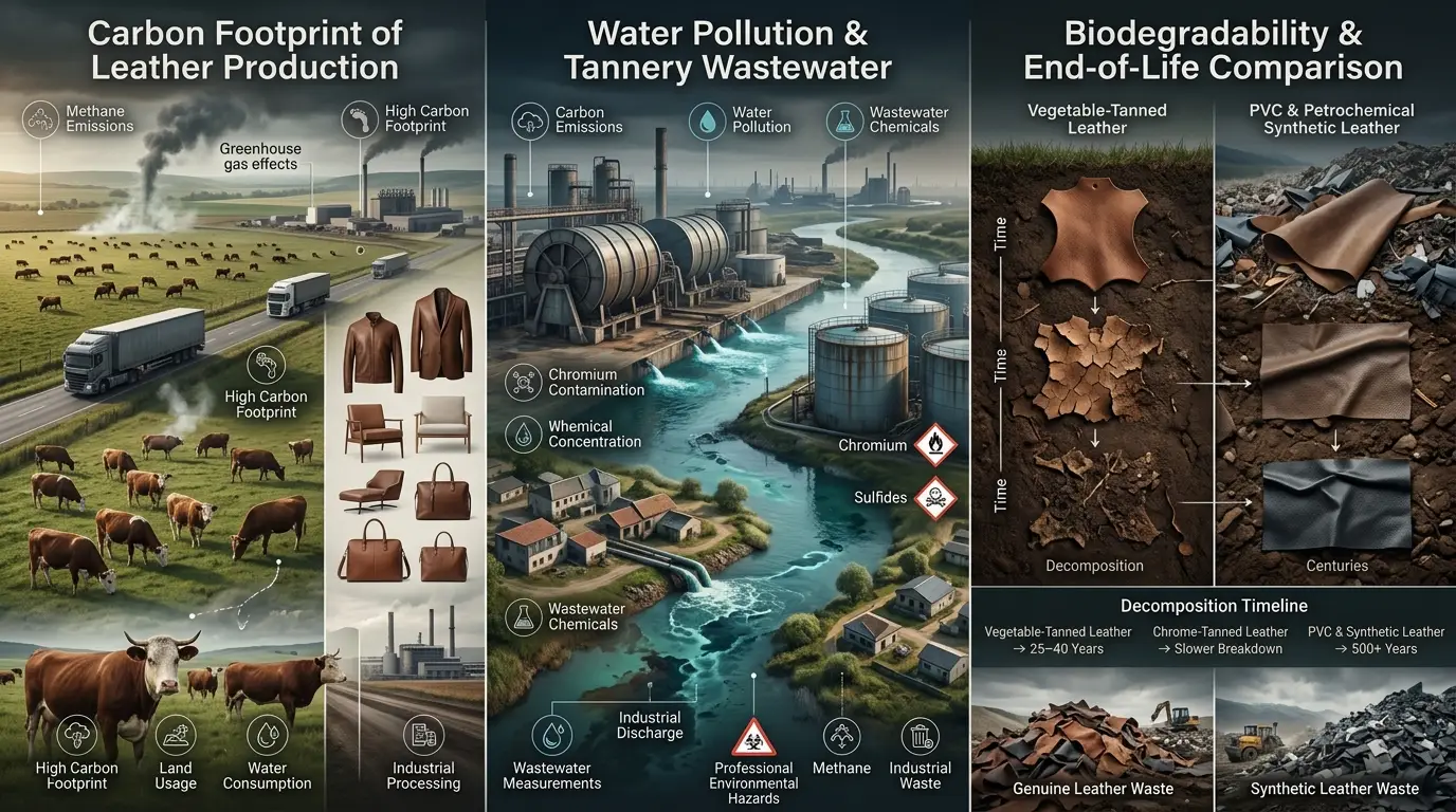 Infographic explaining the environmental impact of leather production including carbon emissions, tannery wastewater pollution, and leather biodegradability