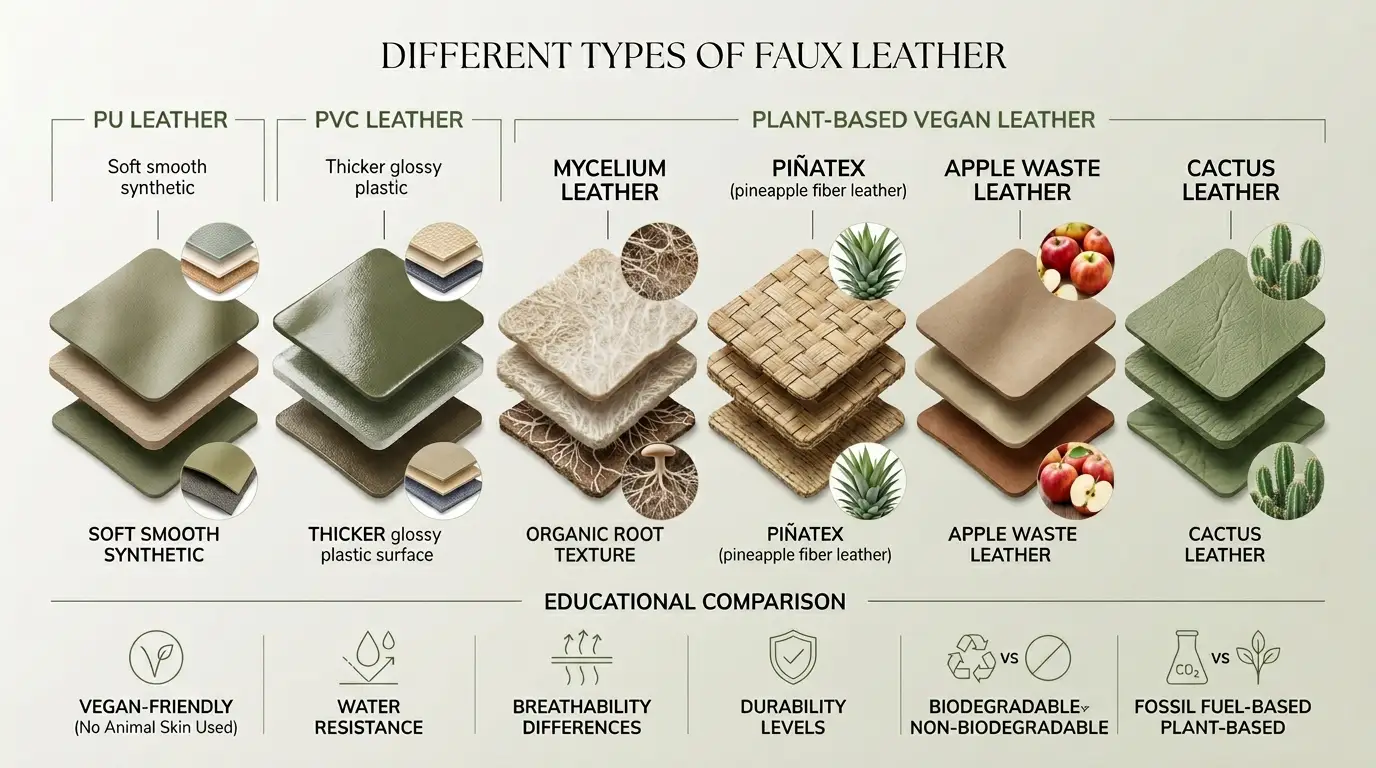Infographic comparing faux leather types including PU, PVC, mycelium, Piñatex, apple waste, and cactus vegan leather