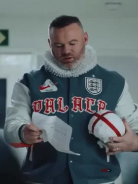 Full front view highlighting the mixed material construction of the classic World Cup Wayne Rooney England Jacket.
