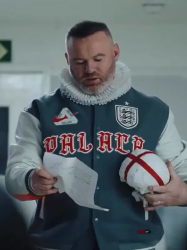Full front view highlighting the mixed material construction of the classic World Cup Wayne Rooney England Jacket.