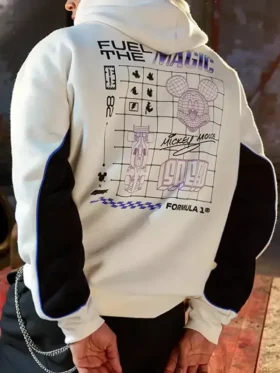 A crisp front view of the Disney x Formula 1 Mickey Mouse Hoodie in minimal off white.