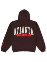 Travis Scott x CPFM Free Thugger Hoodie back view dark brown ATLANTA collegiate arch and reversed Days Before Rodeo red text