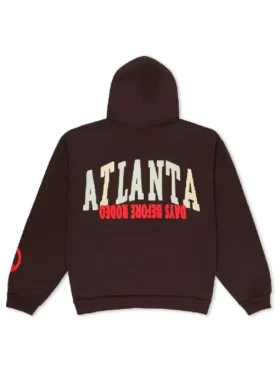 Travis Scott x CPFM Free Thugger Hoodie back view dark brown ATLANTA collegiate arch and reversed Days Before Rodeo red text