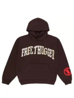 Travis Scott x Cactus Plant Flea Market Free Thugger Hoodie front view dark brown collegiate puff print FREE THUGGER graphic on chest