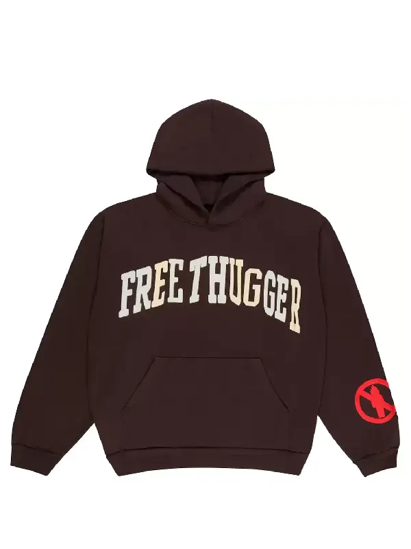 Travis Scott x Cactus Plant Flea Market Free Thugger Hoodie front view dark brown collegiate puff print FREE THUGGER graphic on chest