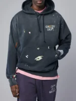 Full front view of the Gallery Dept Paint Logo Hoodie with hooded collar.