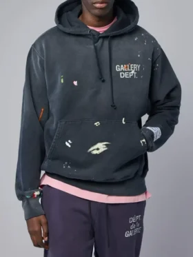 Full front view of the Gallery Dept Paint Logo Hoodie with hooded collar.