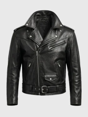 Full front view highlighting the lapel collar and hardware on the Tom Brady Gucci Leather Biker Jacket.