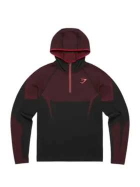 Full front profile of the red Gymshark Onyx 5.0 Seamless Hoodie showing the half zipper.