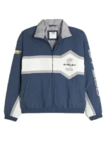 Front angle view of Hollister Shelby McLaren blue racing track jacket with zipper closure