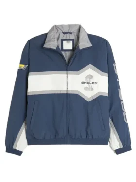 Front angle view of Hollister Shelby McLaren blue racing track jacket with zipper closure
