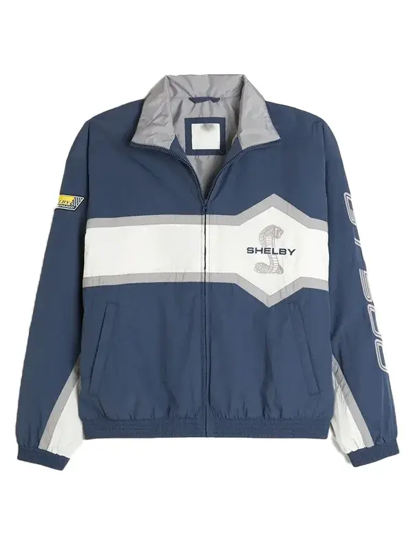Front angle view of Hollister Shelby McLaren blue racing track jacket with zipper closure