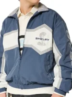 Front flat view of Hollister Shelby McLaren Track Jacket with blue parachute shell and racing graphics