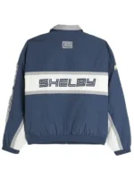 Back detail view of Hollister Shelby McLaren Track Jacket with Shelby racing graphics in blue and white