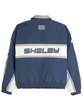 Back detail view of Hollister Shelby McLaren Track Jacket with Shelby racing graphics in blue and white