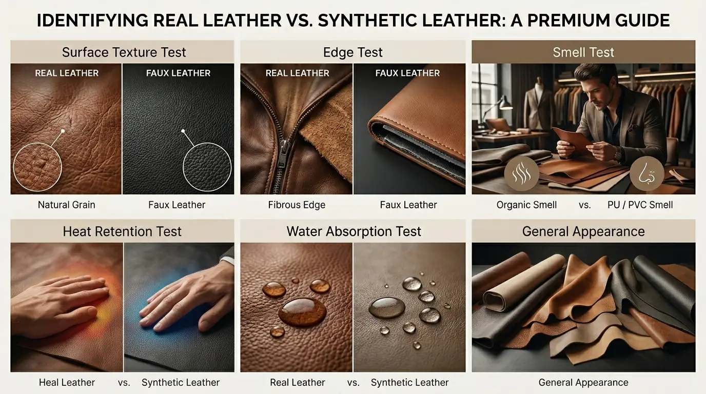 Educational infographic showing tests to identify real leather versus synthetic leather including texture, edge, smell, water, and heat tests
