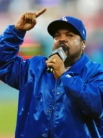 A premium standalone profile presentation of the vibrant royal blue Ice Cube Los Angeles Dodgers Jacket.