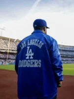 Clean back view showing the bold script font styling across the Ice Cube Los Angeles Dodgers Jacket.
