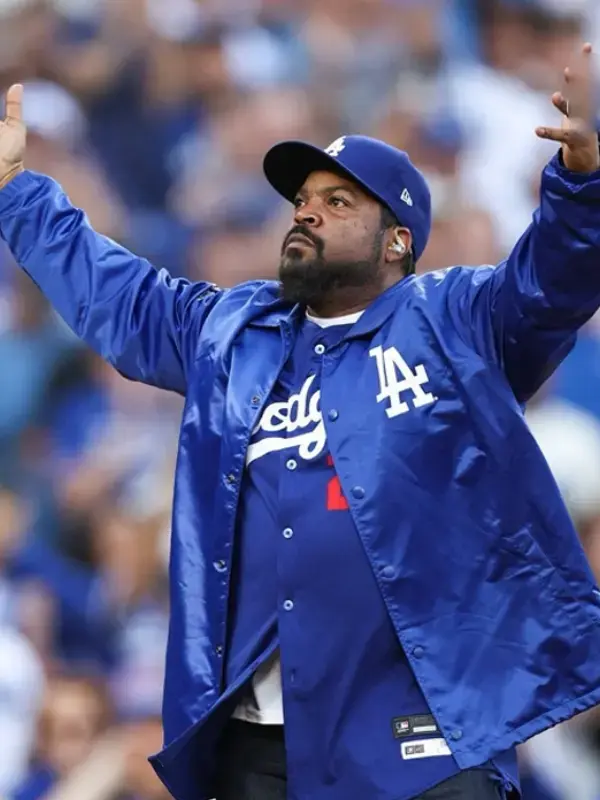 Front presentation view of the championship edition Ice Cube Los Angeles Dodgers Jacket.