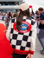 Clean studio profile presentation of the stark black and white Caitlin Clark Indianapolis Racing Jacket.