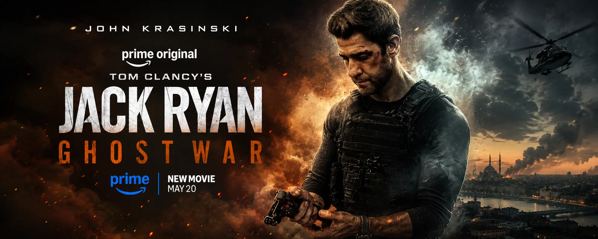 John Krasinski as Jack Ryan wearing a dark tactical field jacket in Tom Clancy’s Jack Ryan Ghost War promotional banner