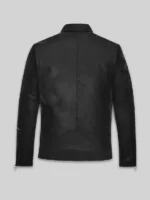 Jensen Huang leather jacket black back view clean structured silhouette center back seam full length sleeves zipper cuffs visible