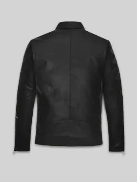 Jensen Huang leather jacket black back view clean structured silhouette center back seam full length sleeves zipper cuffs visible