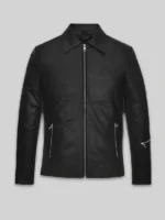 Jensen Huang leather jacket black front view shirt style collar full zipper closure two front zipper pockets clean biker silhouette product shot