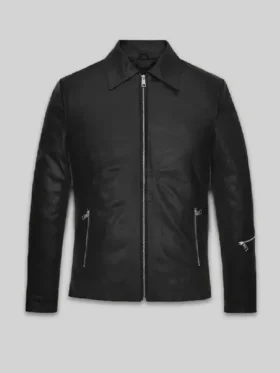 Jensen Huang leather jacket black front view shirt style collar full zipper closure two front zipper pockets clean biker silhouette product shot
