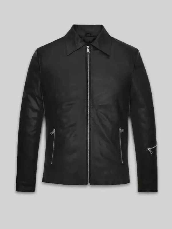 Jensen Huang Leather Jacket Black Front View Shirt Collar Jensen Huang leather jacket black front view shirt style collar full zipper closure two front zipper pockets clean biker silhouette product shot