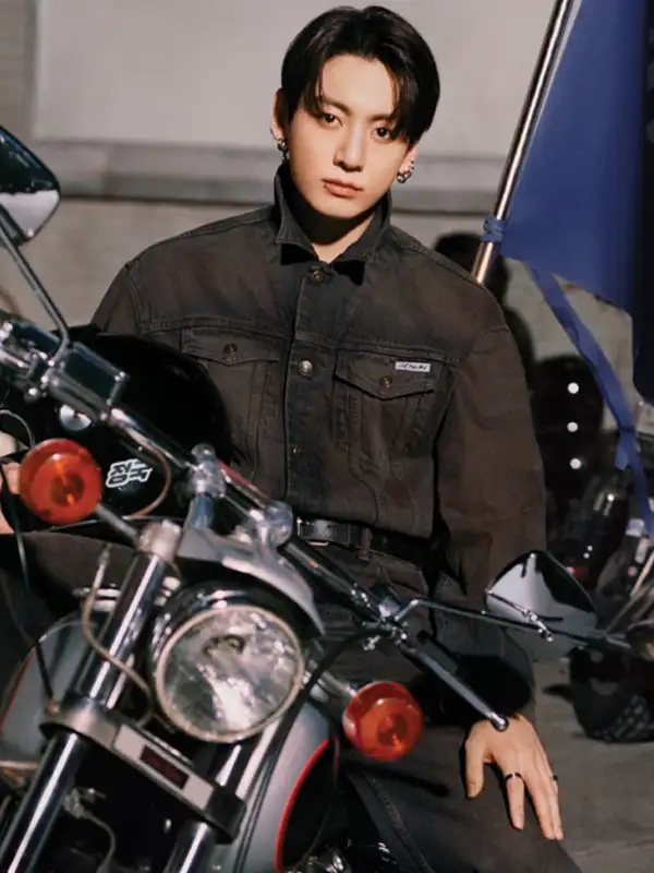 A front view of the Jung Kook Calvin Klein Denim Jacket in dark brown denim.