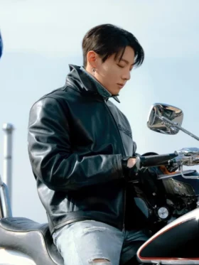The essential Jung Kook Calvin Klein Leather Jacket in a premium midnight black hide finish.