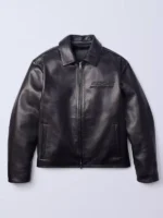 A striking front view of the Jung Kook Calvin Klein Leather Jacket in high grade black leather.