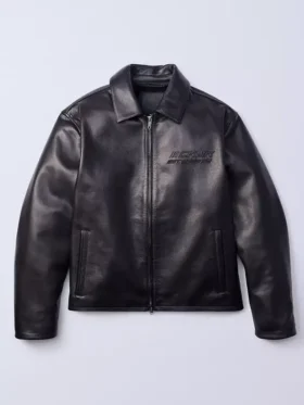 A striking front view of the Jung Kook Calvin Klein Leather Jacket in high grade black leather.