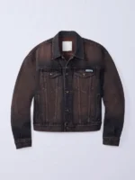 The stylish dark brown Jung Kook Calvin Klein Denim Jacket highlighting its classic design.