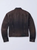 The back view of the dark brown Jung Kook Calvin Klein Denim Jacket showing its clean fit.