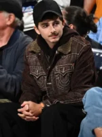Knicks vs 76ers Timothee Chalamet Brown Trucker Jacket featuring corduroy fabric and soft sherpa collar
