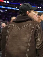 Back view of Knicks vs 76ers Timothee Chalamet Brown Trucker Jacket with brown corduroy fabric