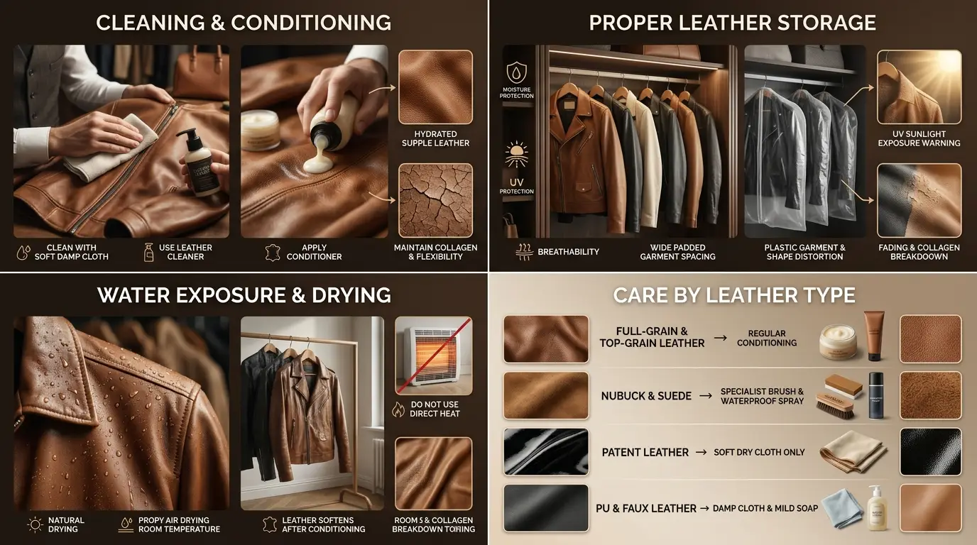 Educational infographic showing leather cleaning, conditioning, storage, drying methods, and care instructions for different leather types