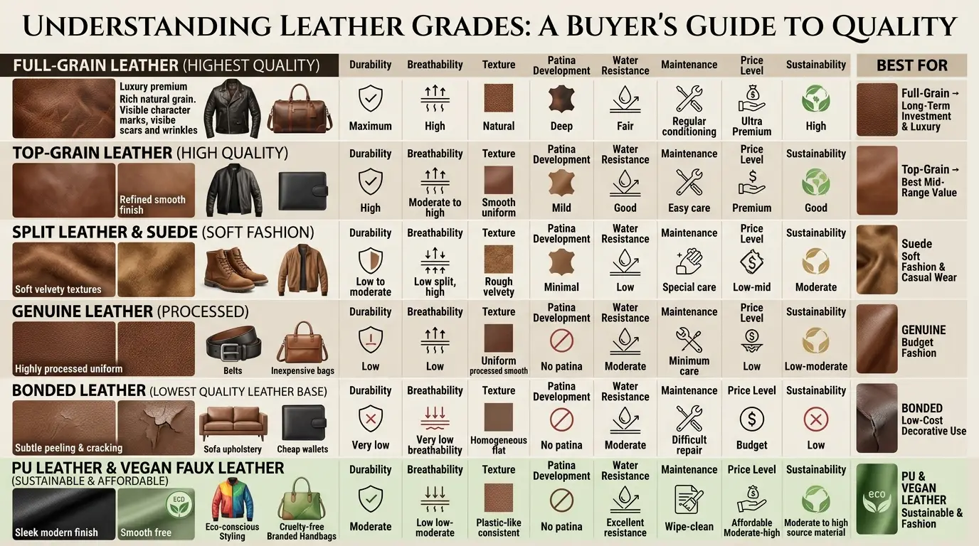 Comprehensive leather grade comparison chart showing full-grain, top-grain, split, genuine, bonded, and PU leather qualities and durability