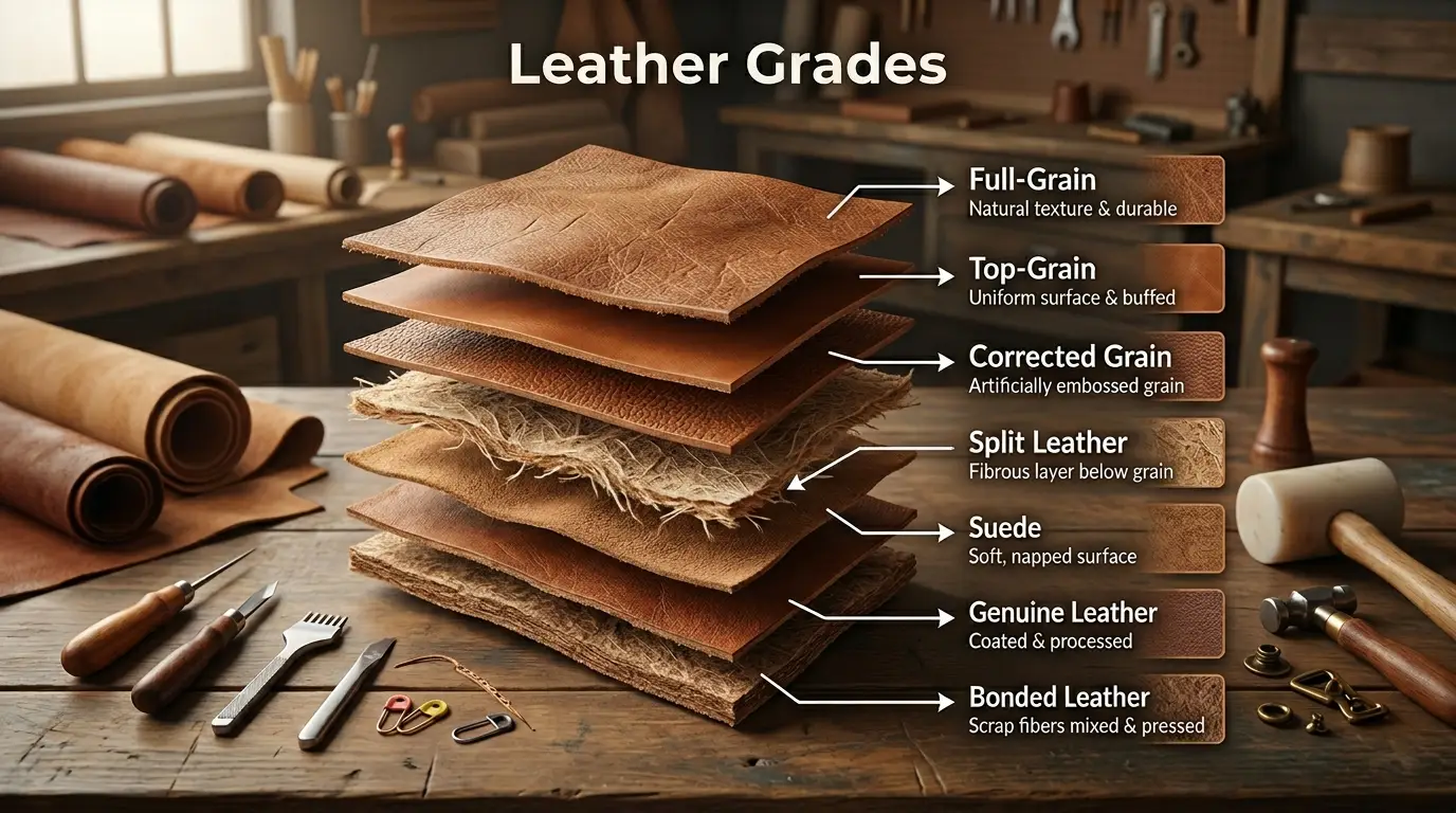 Educational leather grades infographic comparing full-grain, top-grain, corrected grain, split, suede, genuine, and bonded leather layers
