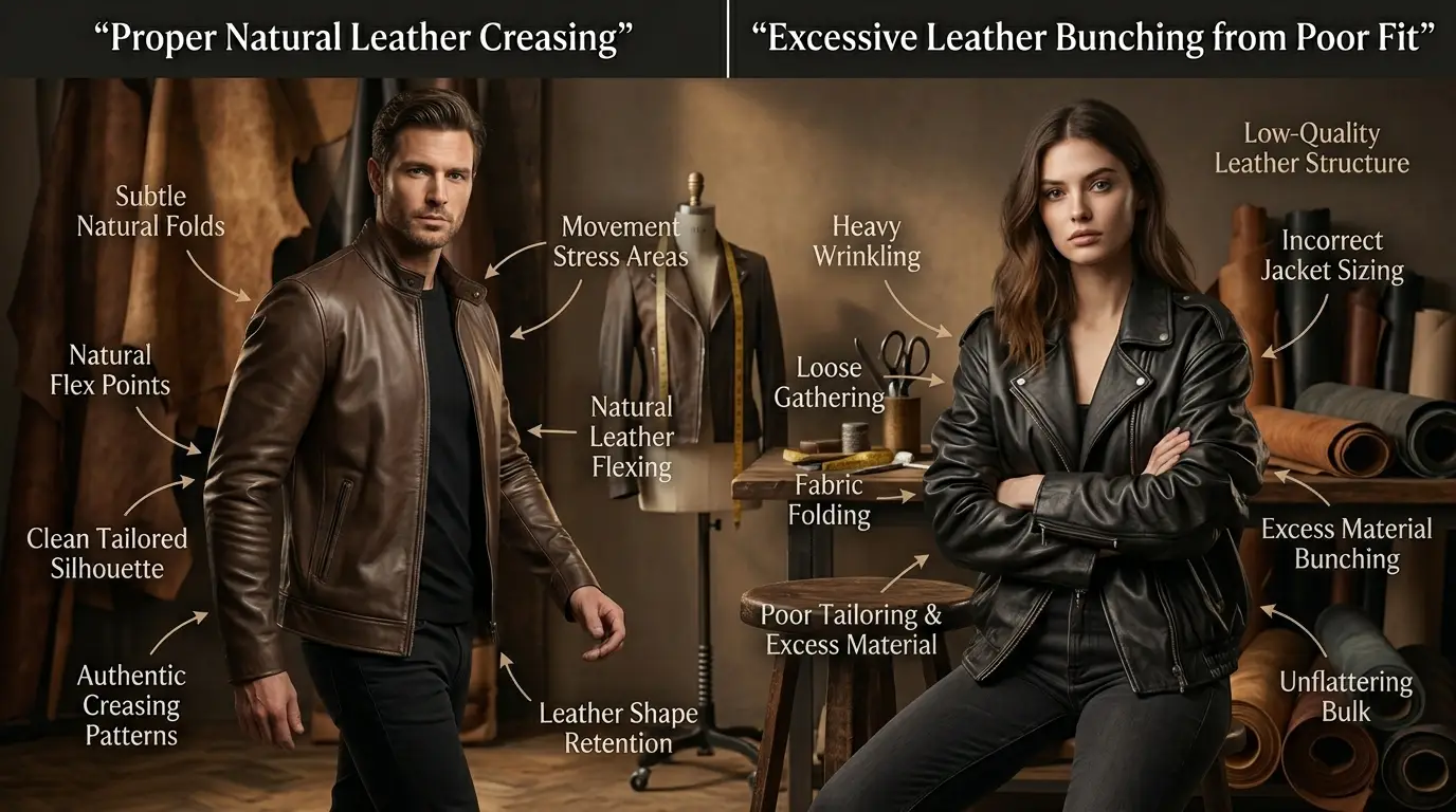Comparison infographic showing natural leather creasing versus excessive leather bunching caused by poor jacket fit and low-quality leather