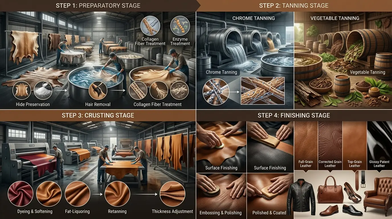 Infographic showing the leather manufacturing process including preparatory, tanning, crusting, and finishing stages of leather production