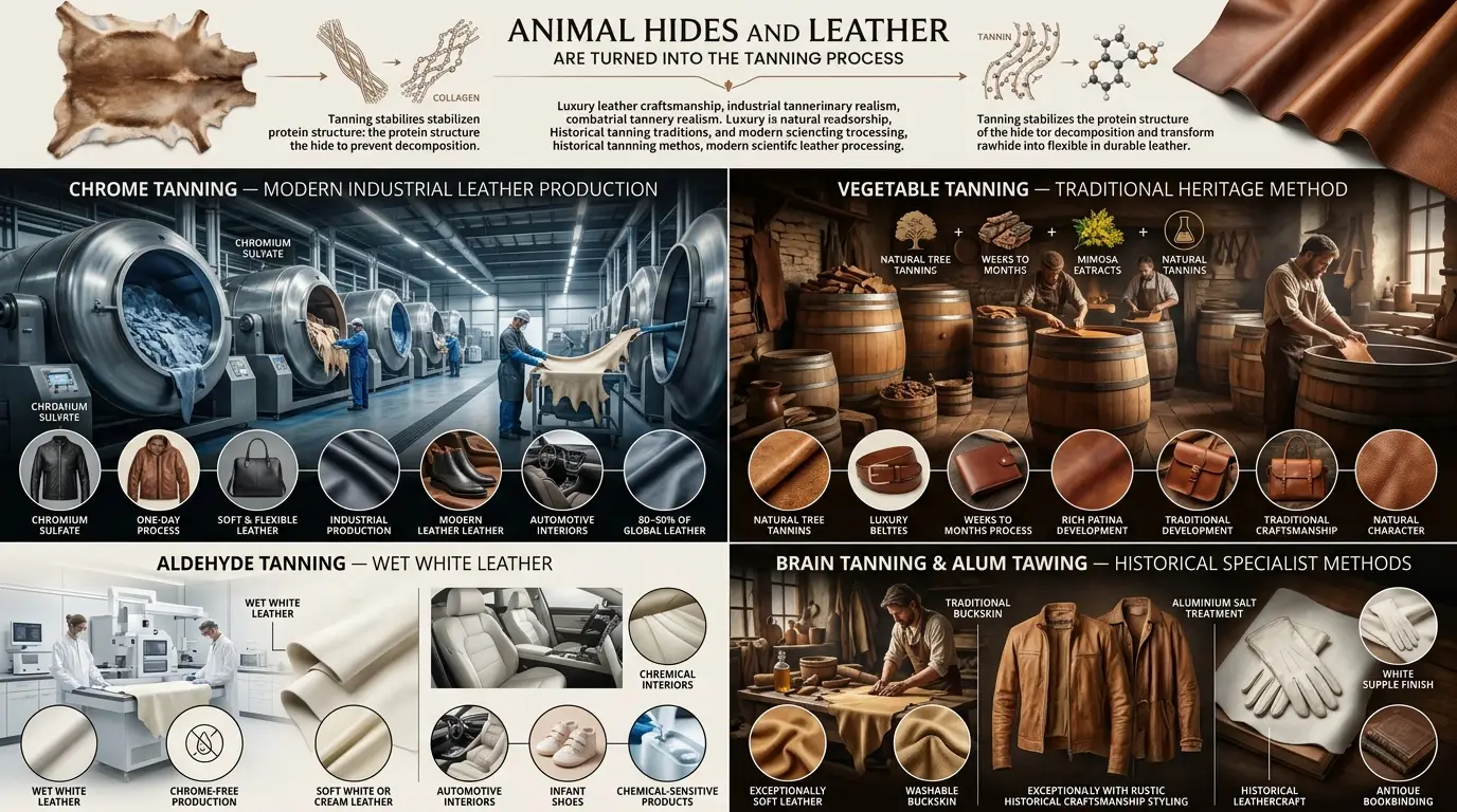 Educational infographic showing leather tanning methods including chrome tanning, vegetable tanning, aldehyde tanning, brain tanning, and alum tawing