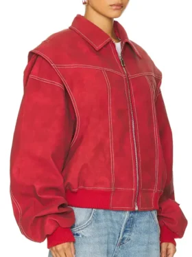 The striking crimson color variant of the Lioness Vista Bomber Jacket.