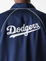 The iconic MLB Los Angeles Dodgers Navy Club Jacket featuring a shirt style collar.