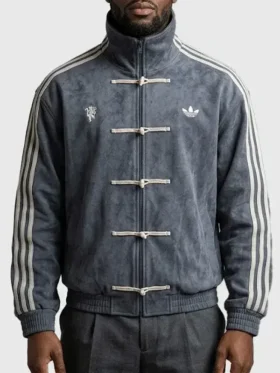 Man United Adidas Chinese New Year Jacket grey suede front view with knot buttons Man United crest and Adidas Trefoil on chest