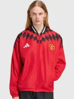 Full front view of the white United x Adidas Stadium Track Jacket showing the zip closure.
