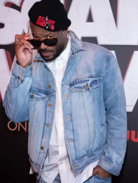 A premium standalone profile of the classic indigo blue Scary Movie 6 Marlon Wayans Denim Jacket.