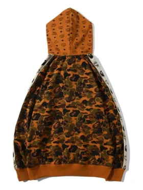 The clean tailored back profile of the patterned Unisex MCM Bape Hoodie.